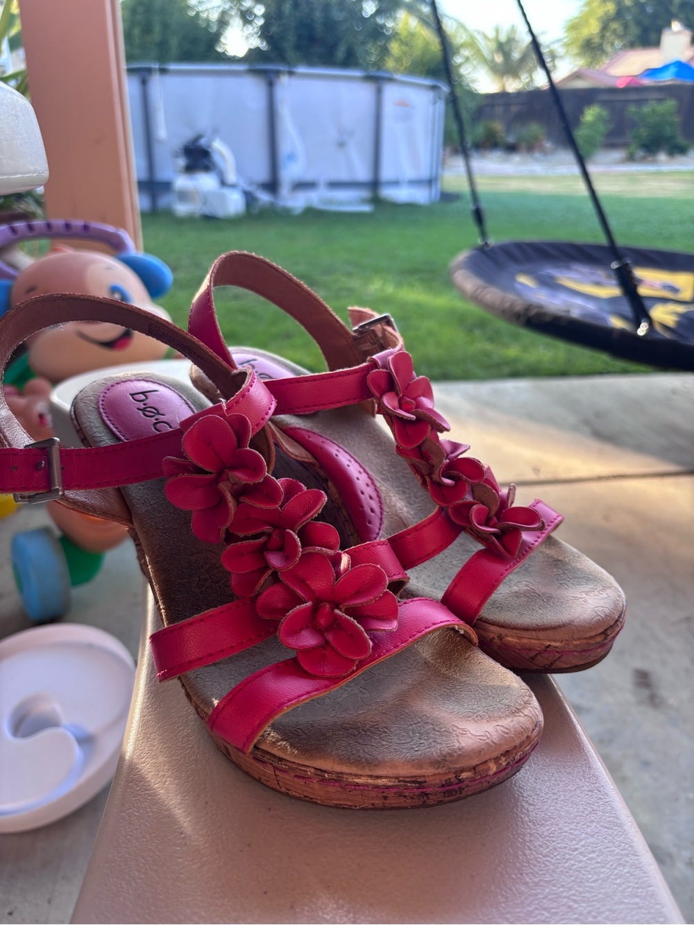 b.o.c. Pink Floral Leather Wedge Sandals